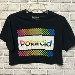 POLAROID T Shirt Size Large Black and Rainbow Neon Colors Cropped Top